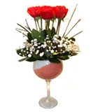 kadeh i�erisinde 7 adet k�rm�z� g�l ve cipsofilyalar dan olu�an aranjman<br>Cam kadeh i�erisinde 7 adet k�rm�z� g�l ortalama �r�n boyutlar� 12x25cm