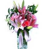 Pembe lilyum Ve pembe gelberalardan olu�an Aranjman <br>2 Dal pembe lilyum ve 7 adet pembe g�lden olu�an cam vazoda aranjman , ortalama boyutlar� 45x55cm