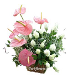 Pembe renkli antoryum ve beyaz g�llerden olu�an aranjman<br>6 Adet pembe renkli antoryum ve 15 adet beyaz g�lden olu�an sepet aranjman