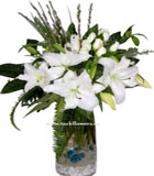 �i�ek Modeli - 009<br>Cam vazo i�erisinde 11 Adet beyaz g�l ve 2 dal beyaz kazablankadan olu�an aranjman ortalama boyutlar� 35x55 cm