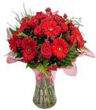 Cam vazo i�erisinde k�rm�z� g�ller ve gerberalardan olu�an aranjman<br>K�rm�z� gerbera ve k�rm�z� g�llerden olu�an cam vazoda buket aranjman . Ortalam a�r�n boyutlar� 45x55 cm