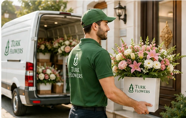 TurkFlowers çiçek teslimatı yapan kurye ve çiçek aracı
